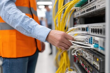 Technician in safety vest managing cables in server rack, connecting network hardware in data center.