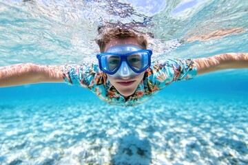 Naklejka premium A young man with dive mask swims underwater, exploring crystal clear turquoise water, above white sandy ocean floor.