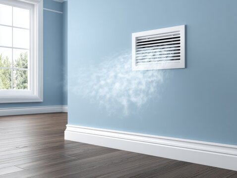 White vent blowing cold air into blue room with window, wood floor, and white trim.
