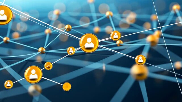 Connected Network: A compelling illustration of interconnected nodes and networks symbolizing global connections and digital collaboration, visualized with a striking array of golden orbs.