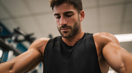 Focused muscular man during a strength training workout at the gym