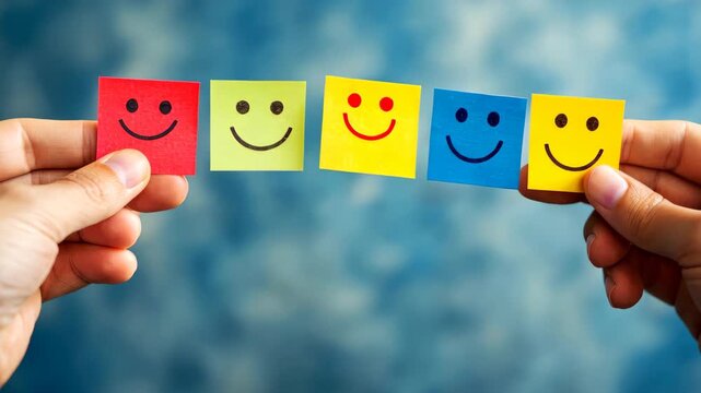 Hand-held Smiles: A pair of hands carefully hold up a spectrum of cheerful smile-faced notes, each radiating positivity and the feeling of joy