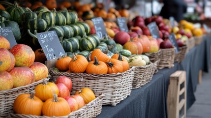 Farmer's market stall with pumpkins, apples, and squash on display