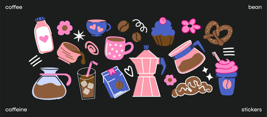 Cartoon set of coffee drinks and tools. Hand drawn vector doodles of espresso machine, moka pot, to-go cup, pour-over kettle, and milk carton.Brewing devices, pink kettle, roasted beans