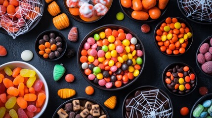 Flat lay of Halloween candy assortment in bowls with spider web decorations