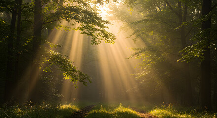 Obraz premium Golden sunbeams pierce through a misty forest canopy, illuminating a winding path through lush green foliage and trees.