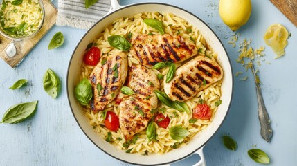 Orzo with golden grilled chicken in a white skillet, topped with basil and lemon zest. Light blue background adds freshness.
