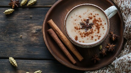 Overhead shot of spiced chai tea in ceramic cup with cinnamon sticks and cardamom pods