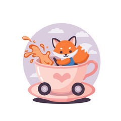 Obraz premium A cartoon fox driving a teacup car, splashing tea playfully.