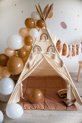teepee and balloons birthday in boho style with rainbows © Маргарита Медведева