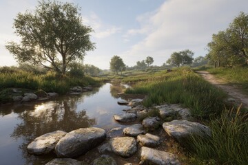 Serene rural landscape at dawn
