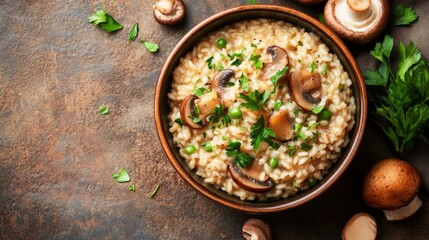 Top view of cozy Italian risotto bowl with mushrooms and fresh herbs on table