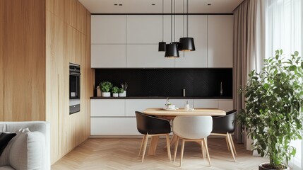 Wood and white cabinets contrast with a black backsplash. A wood dining table, upholstered chairs, and herringbone flooring bring modern warmth.