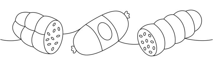 Doctors sausage, chicken sausage one line continuous drawing. Fresh raw sausages. Vector illustration.