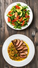 Healthy meal with salad and sliced meat