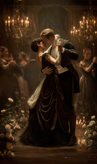 Couple dancing in themed historical location with attire and dramatic lighting.
