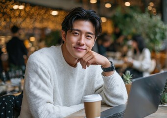 A young Asian man is sitting at the table with his laptop, thinking about something while looking into the space in front of him