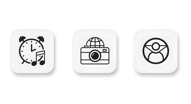 Three white squares each containing a different black icon on a white background in a horizontal row - Powered by Adobe