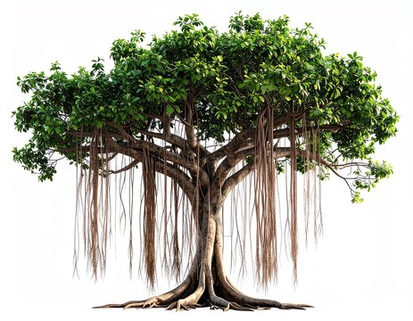 A majestic Banyan tree with dense green foliage and aerial roots, isolated on a white background.