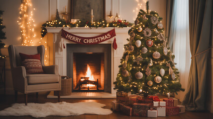 Fototapeta premium Christmas Charm: Festive Christmas tree, fireplace, presents, and decorative embellishments adorn a living room, evoking feelings of warmth and joy of the holidays