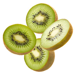 Fototapeta premium A close up shot of four kiwi fruit slices with seeds and a light green color on a white background
