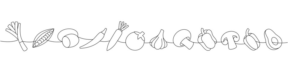 Fresh organic vegetables. Potato, chili pepper, carrot, tomato, spring onions, garlic bulb, mushroom, bell pepper, avocado one line continuous drawing