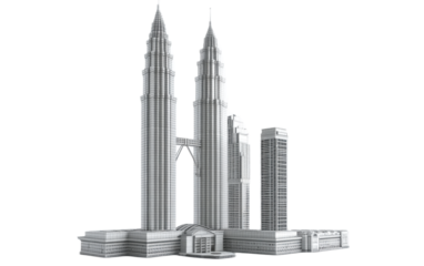3D realistic side view of the Petronas towers on white background,png