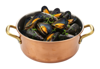 Cooking fresh mussels in a copper pot coastal kitchen food rustic environment culinary art. Cut out png