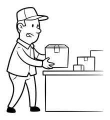 Cartoon Courier Delivering Packages in Black and White
