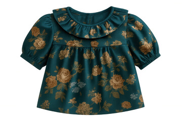 Studio shot of a green baby girl blouse with floral print and ruffle collar, isolated on transparent background
