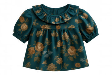 Studio shot of a green baby girl blouse with floral print and ruffle collar, isolated on transparent background