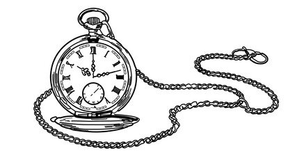Object vintage pocket watch illustration with chain antique time piece drawing classic timepiece retro clock design sketch vector