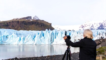 Glacier photographer by icy lake