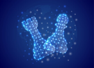 Digital polygonal chess rook and pawn glowing with network mesh, futuristic low poly abstract design on dark background
