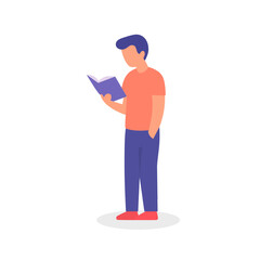 Young man standing and reading book, flat character illustration in modern minimal style on white background