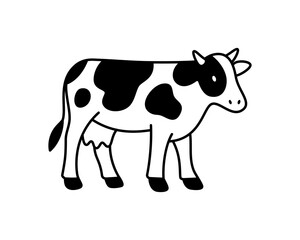Minimalist outline vector of a standing dairy cow with udder, stylized black and white linear design for farming and milk production visuals