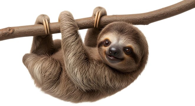 Cute Sloth Hanging From Branch Isolated on White
