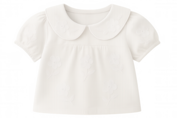 Delicate white baby blouse featuring intricate floral embroidery, peter pan collar, elegant design for special events, set against transparent backdrop