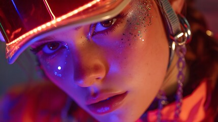 Close-up portrait of a young model with ultraviolet-lit face paint, chrome earrings, and a high-tech reflective visor under pulsating neon lights 