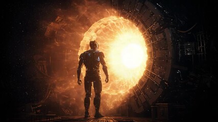 Android observing an active collider generating cosmic energy and light effects