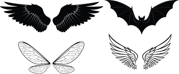 Vector art of set of wings angel bat and fairy isolated on white background