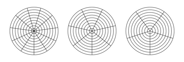 Polar grid with segments, concentric circles. Wheel of life. Coaching tool simple for visualizing all areas of life. Circle diagram of life style balance. Black blank of graph paper.