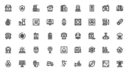 Nuclear Energy icon set. Minimal vector icons pack. Includes symbols for power plant, radiation, uranium, scientist, reactor, safety, bomb, energy and more. Editable stroke.