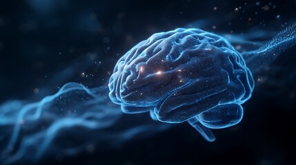 a glowing human brain slowly rebooting with blue digital waves dissolving around it, representing information detox, cinematic light, surreal background 