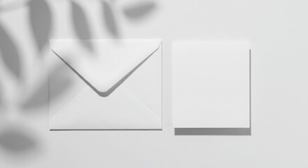 Blank White Envelope and Card with Leaf Shadows on Plain Surface