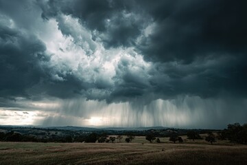 High-quality photo of dramatic stormy sky with dark clouds and heavy rain pouring down over a landscape.