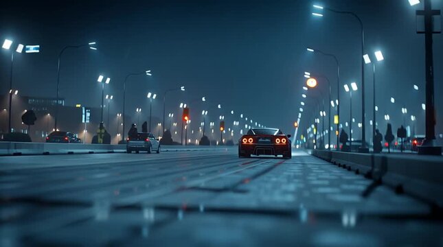 High-speed sprint of a modified sports car in rain-soaked urban street at night
