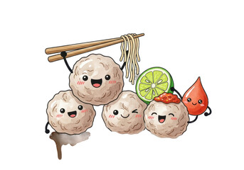 Cute Meatball Cartoon Characters with Noodles Lime and Chili Sauce.