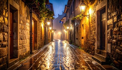 Fototapeta premium Enchanting Rainy Night on a Historic Cobblestone Street with Warm Lantern Glow and Reflective Puddles