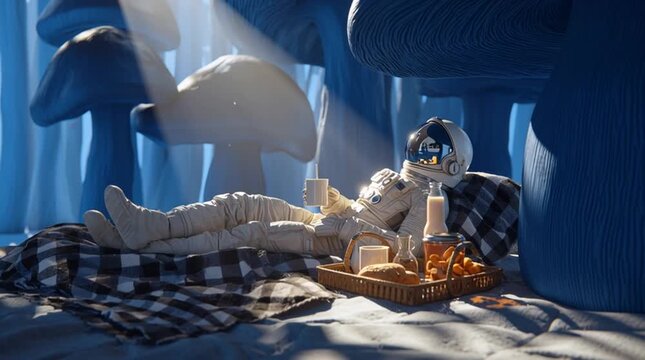Astronaut relaxes in alien landscape enjoying a snack and drink surrounded by giant mushrooms